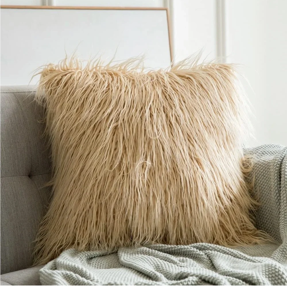 Luxury Home | Chic Sand Beige Oversized Luxe Faux Fur Throw Pillow Cover